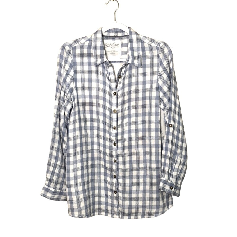 KYLA SEO Anthropologie Women Medium Plaid Embroidered Cotton Roll Tab Top Beachy